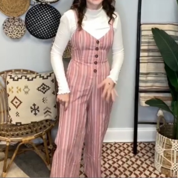 Hem & Thread Womens M 100% Cotton Wide Leg Jumpsuit Rose Pink Stripe Relaxed Fit - Picture 3 of 9